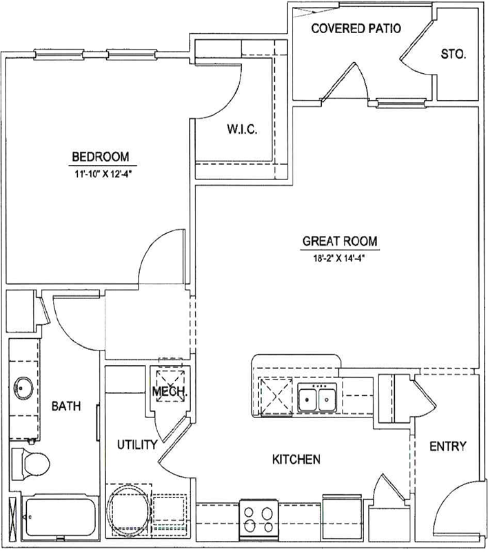 Plan A floor plan with 1 bedroom, 1 bathroom, and 800 square feet